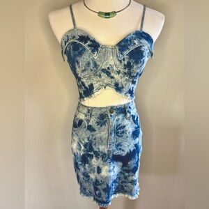 Fashion Nova Blue Tie Dye Denim Set Corset Top Skirt